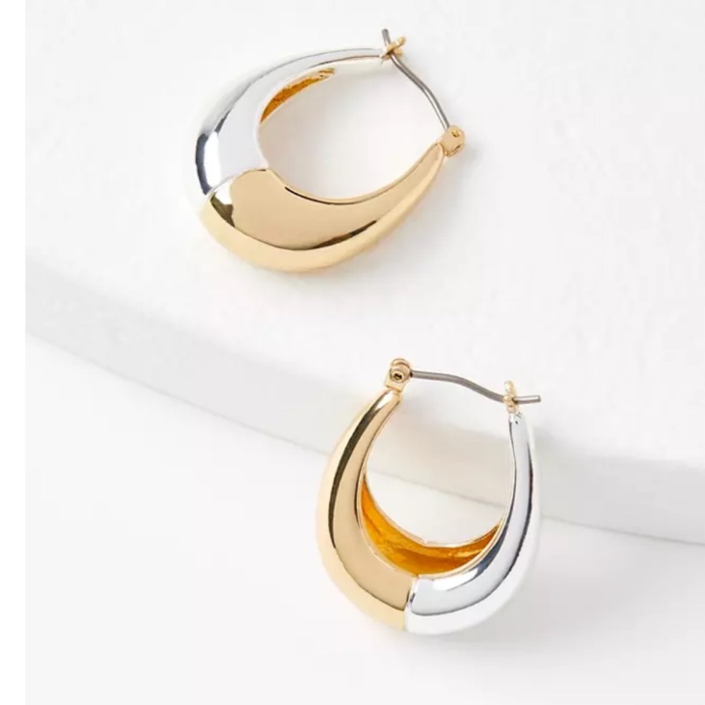 LOFT Two-Tone Gold Silver Teardrop Earrings Mixed Metal Hoop Style #751599 NWT